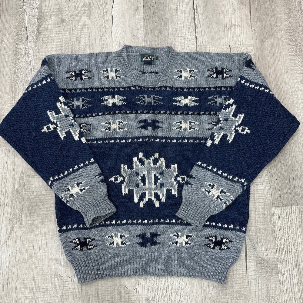 VTG Woolrich Sweater Men's Large Blue Wool Southwestern Aztec Knit 90's Pullover